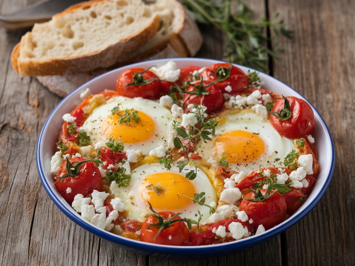 Mediterranean Baked Feta Eggs Recipe Baked feta eggs with tomatoes and herbs, served with crusty bread on a rustic table.
